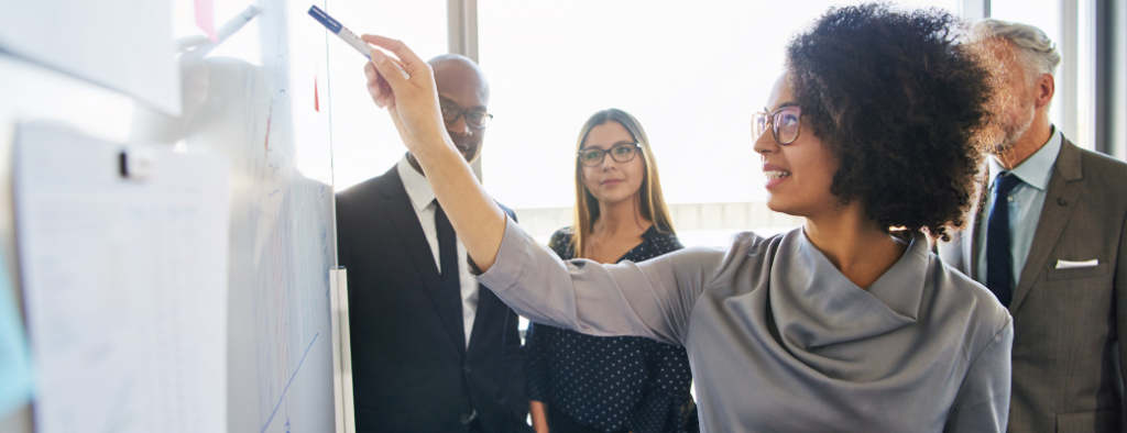 Group of four professionals brainstorming a chart on a whiteboard.