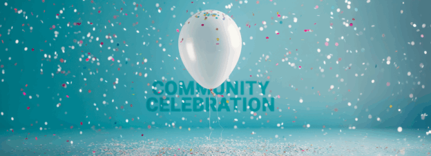 Community Celebration image of a balloon on a background of confetti
