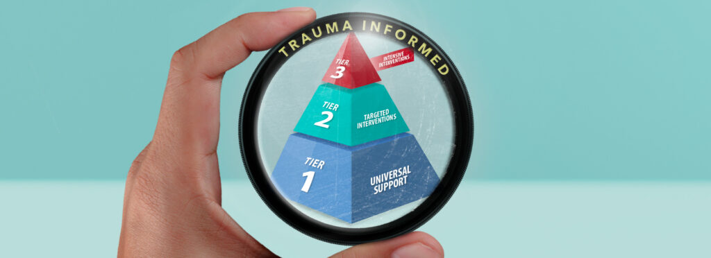 MTSS pyramid with a person holding a lens that says trauma informed